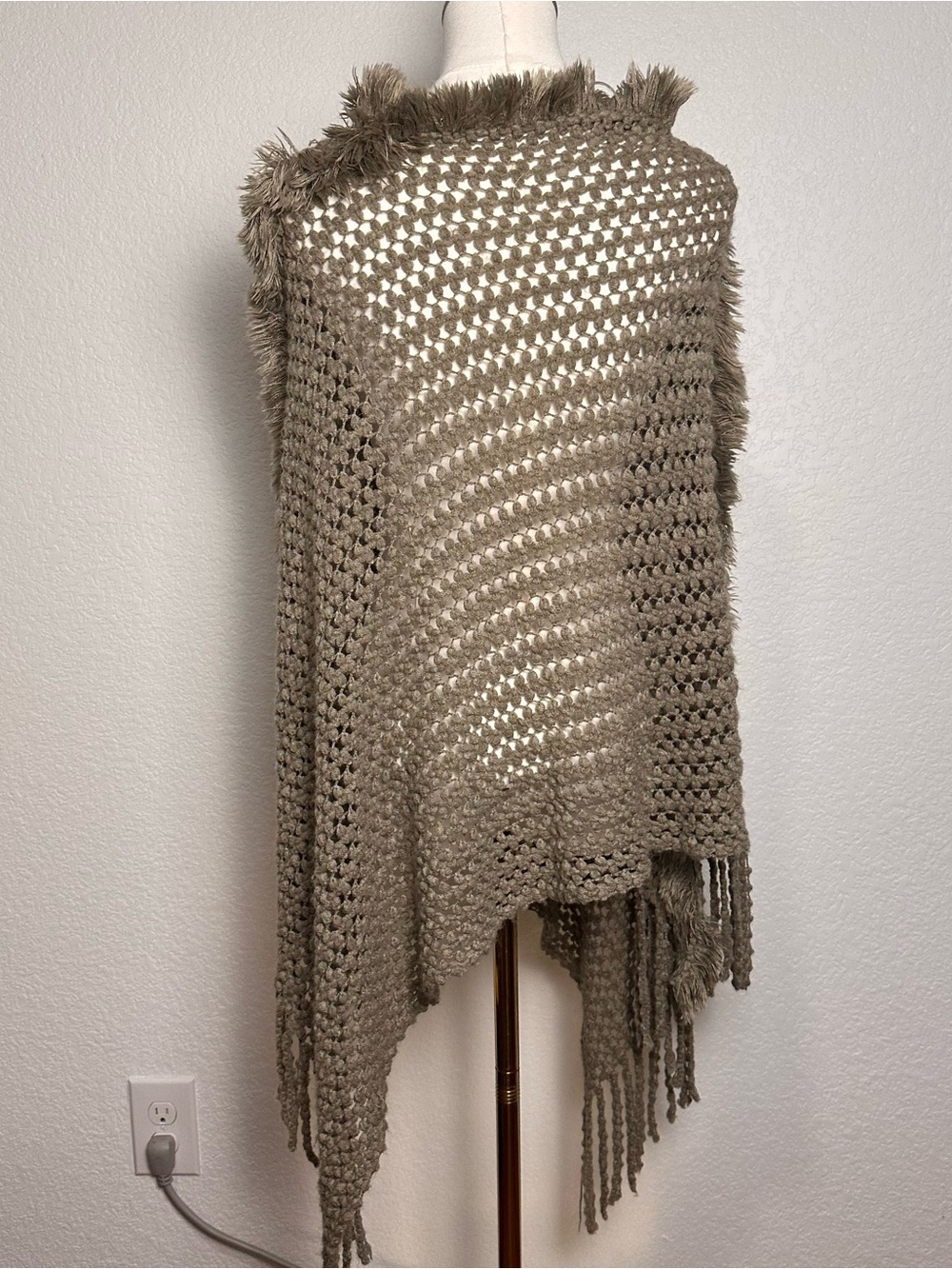 Cozy Taupe Fringe Knit Poncho Sweater - Picture 6 of 6